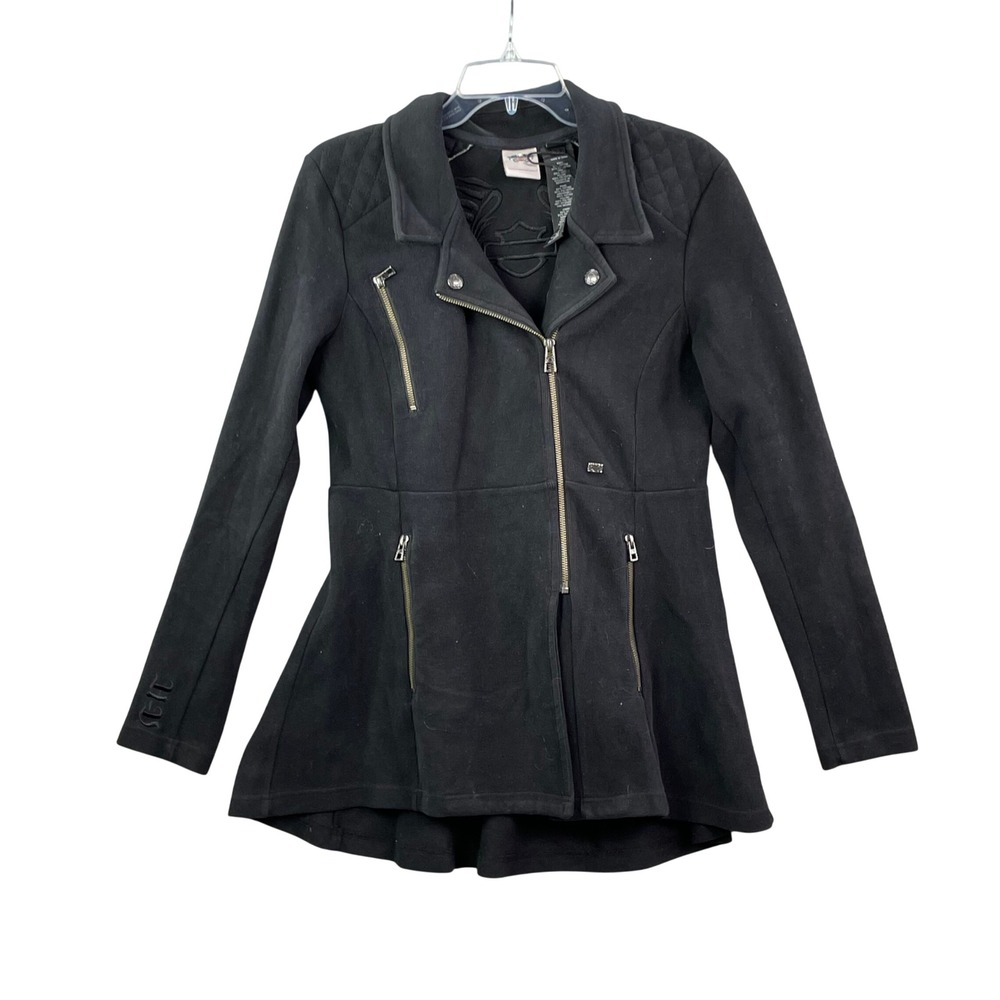 Harley Davidson Moto Jacket Women's Medium Black Biker Embroidered Asymmetrical